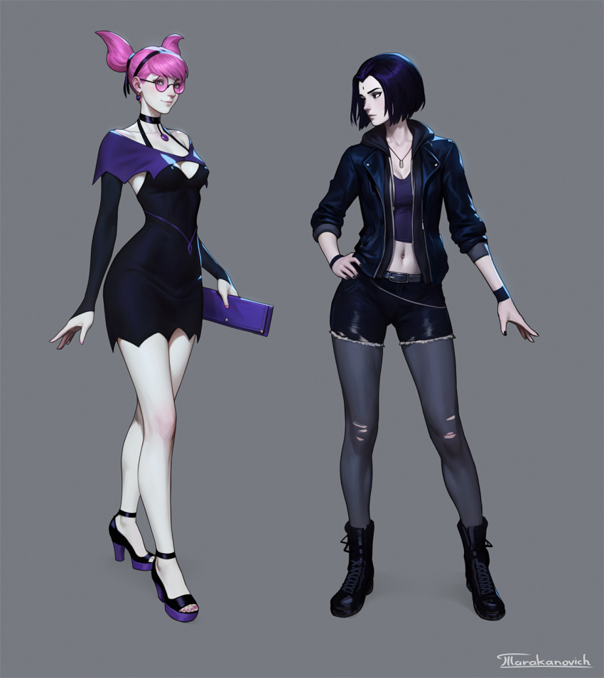 2girls, bare_shoulders, black_choker, black_footwear, black_hair, black_jacket, black_nails, black_pantyhose