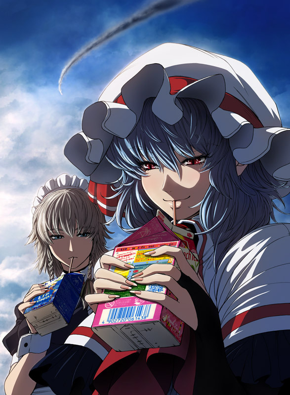 2girls, blue_eyes, blue_hair, braid, bridal_gauntlets, contrail, drink_carton, drinking