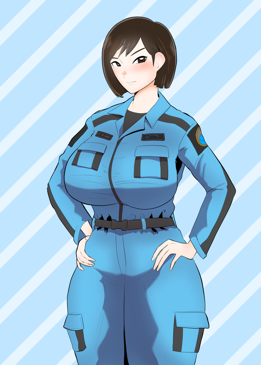 1girl, absurdres, aobe_emi, belt, blue_background, blue_jumpsuit, breasts, brown_eyes, brown_hair, emblem, hands_on_own_hips, highres, japanese_(nationality), jumpsuit, large_breasts, looking_at_viewer, short_hair, skin_tight, source_request, standing, thick_thighs, thighs, tsuburaya_productions, ubikitas, ultra_series, ultraman_blazar_(series)