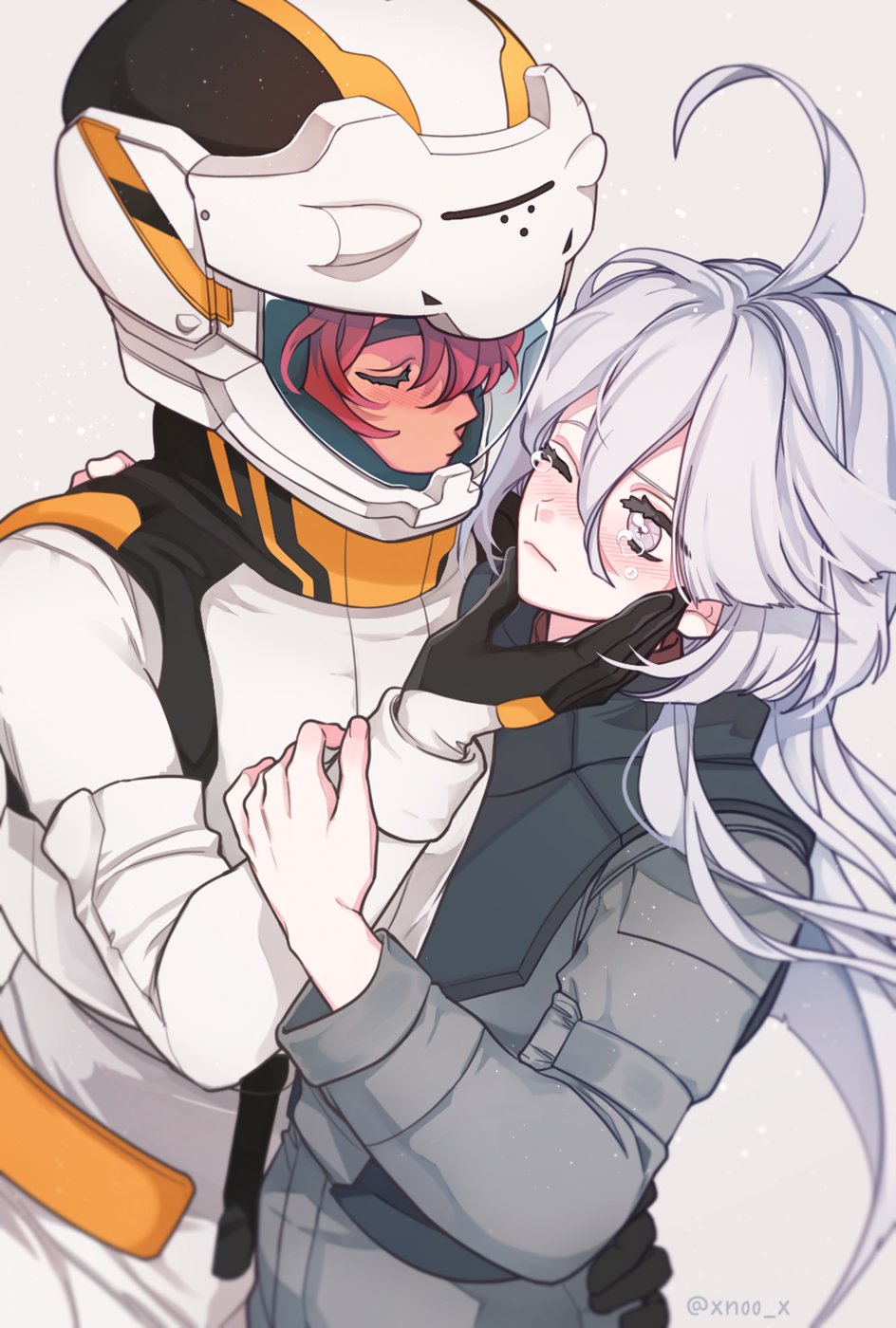 2girls, blush, closed_eyes, closed_mouth, commentary_request, dodam_v, grey_eyes, grey_hair