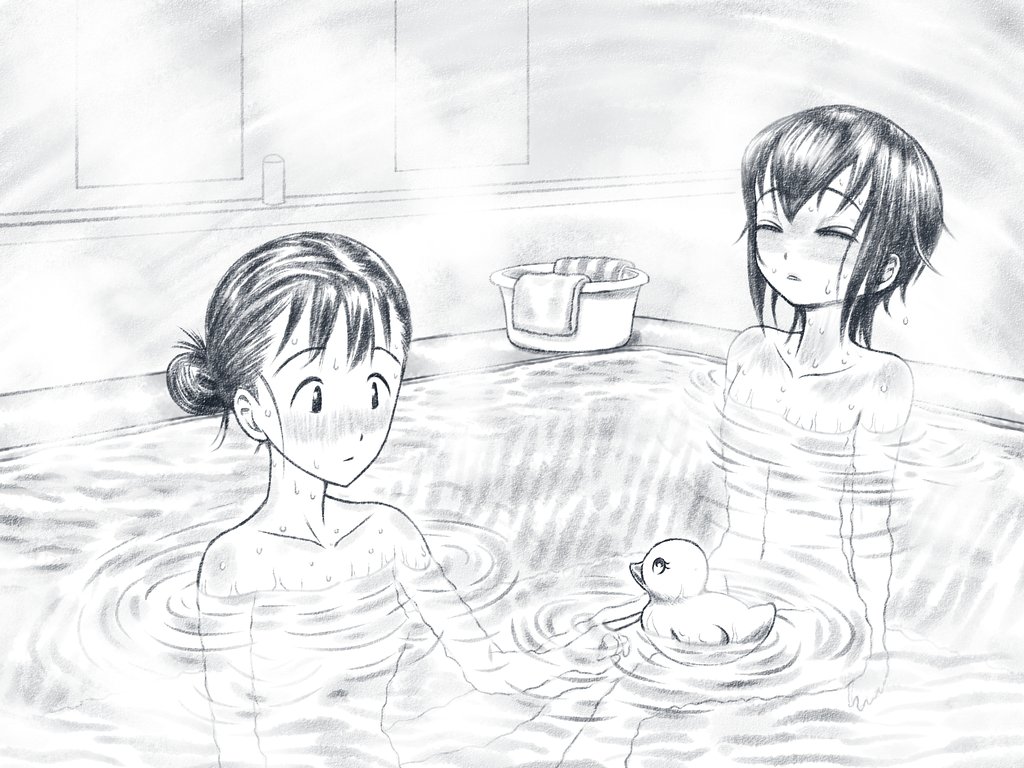 2girls, akimotsu_(akim_x), basin, bath, blush, breasts, closed_eyes, collarbone