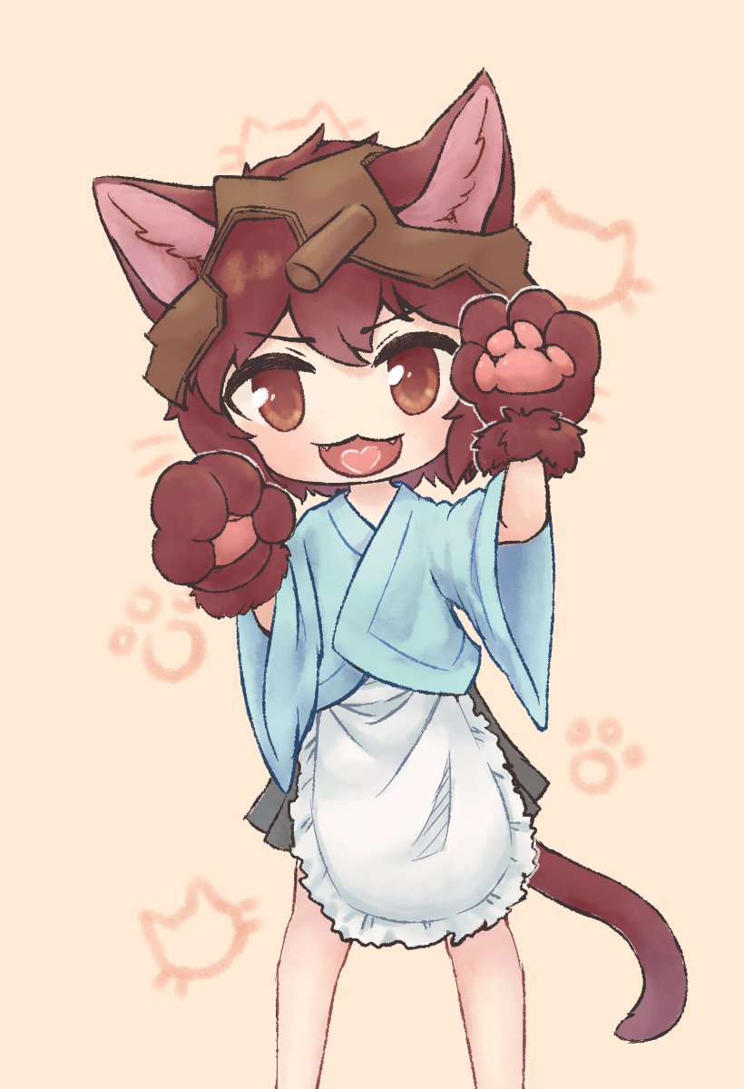 1other, androgynous, animal_ear_fluff, animal_ears, animal_hands, apron, blue_kimono, brown_headwear
