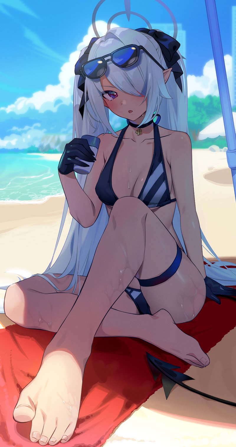 1girl, barefoot, beach, beach_towel, bikini, black_bikini, black_gloves, blue_archive
