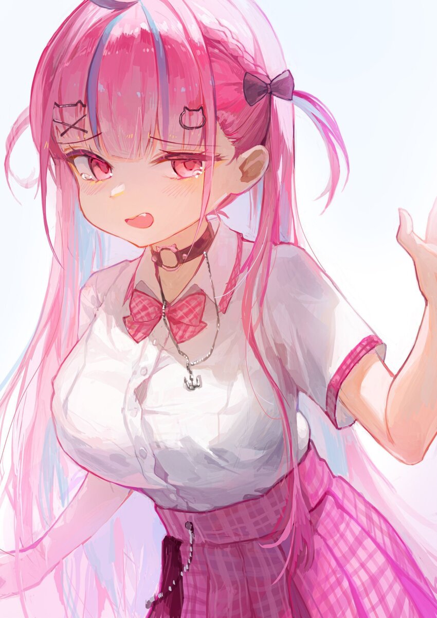 1girl, black_choker, blue_hair, blunt_bangs, blush, bow, bowtie, braid, breasts, cat_hair_ornament, cat_o-ring, choker, colored_inner_hair, fang, french_braid, hair_ornament, hairclip, happyongdal, highres, hololive, large_breasts, long_hair, looking_at_viewer, minato_aqua, minato_aqua_(school_uniform), miniskirt, multicolored_hair, o-ring, o-ring_choker, official_alternate_costume, okada_(aidoru_h_sh), open_mouth, pink_bow, pink_bowtie, pink_eyes, pink_hair, pink_skirt, plaid_bow, plaid_bowtie, plaid_clothes, plaid_skirt, pleated_skirt, school_uniform, shirt, short_sleeves, skirt, solo, streaked_hair, taut_clothes, taut_shirt, tearing_up, two-tone_hair, two_side_up, virtual_youtuber, w_arms, white_shirt, x_hair_ornament