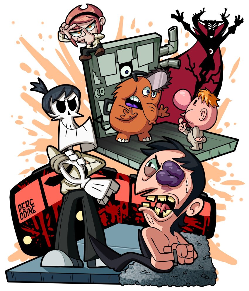 1girl, 3boys, arms_behind_back, artist_name, large_nose, billy_(grim_adventures), black_hair, black_necktie