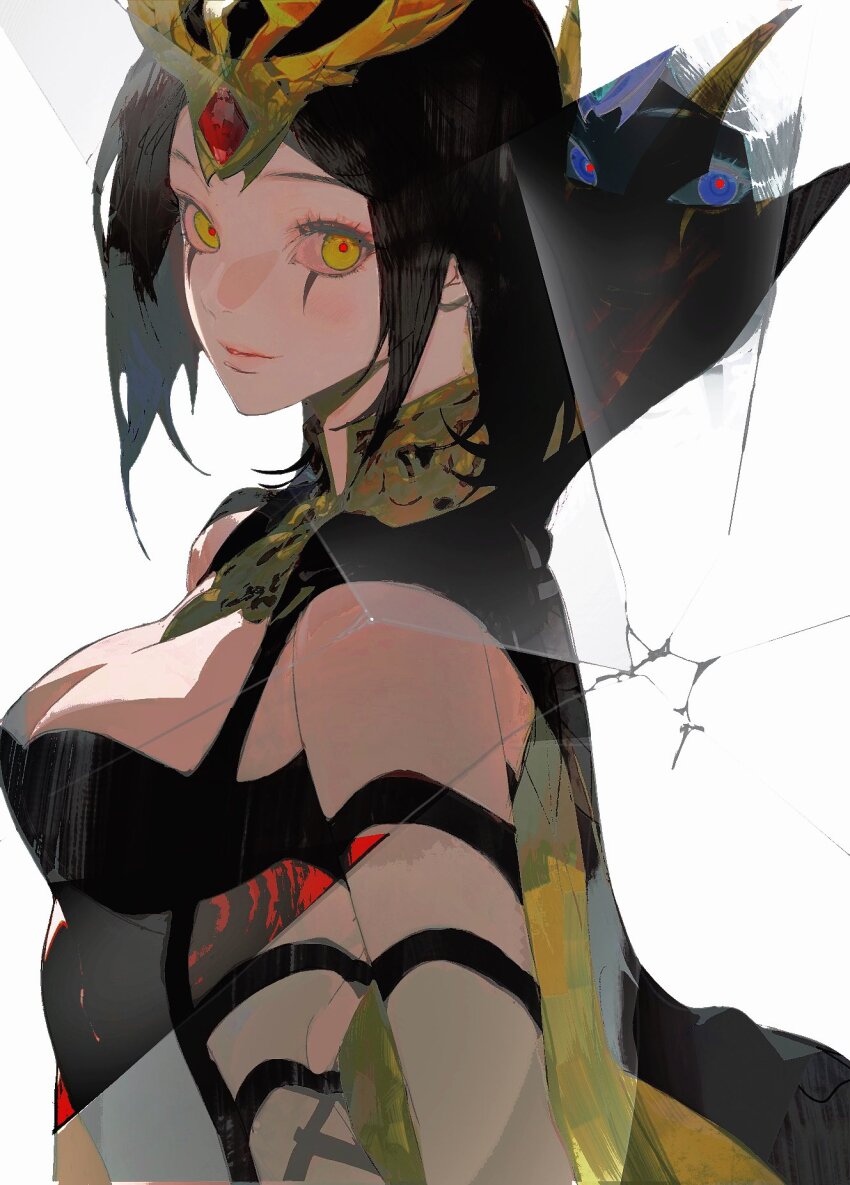1girl, bad_link, bad_twitter_link, bare_shoulders, black_hair, breasts, hair_ornament, highres