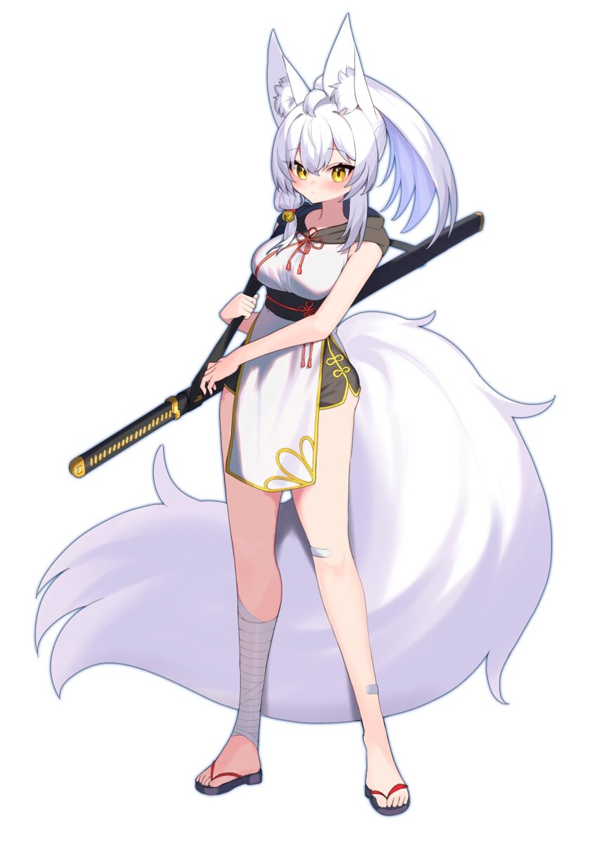 1girl, animal_ears, bandaged_leg, bandages, bandaid, bandaid_on_knee, bandaid_on_leg, black_shorts