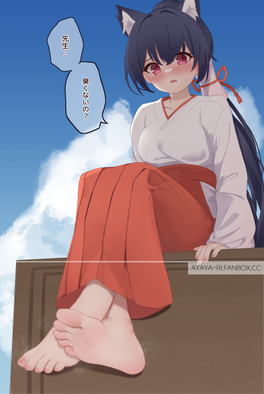 1girl, animal_ear_fluff, animal_ears, ayaya_(ayaya_ri), barefoot, black_hair, blue_archive, blue_sky