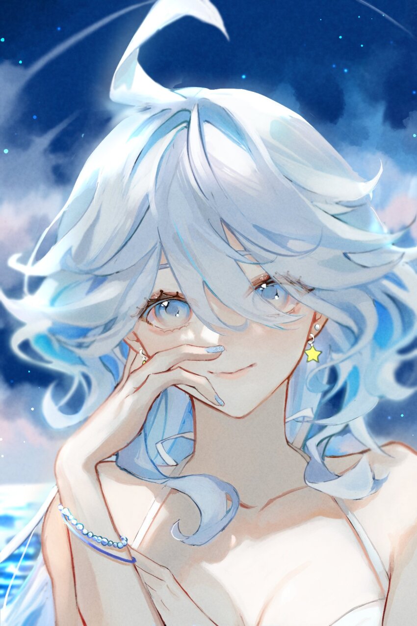 1girl, ahoge, blue_eyes, blue_hair, blue_nails, breasts, cleavage, cloud