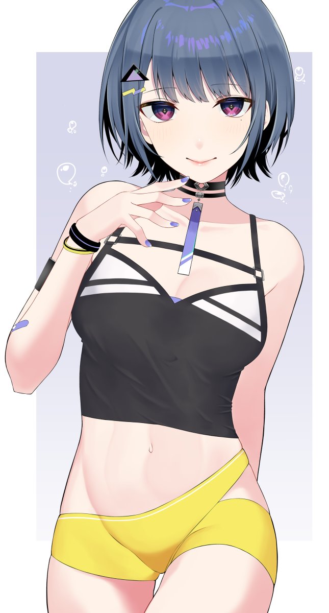 1girl, arm_belt, asymmetrical_clothes, black_camisole, black_choker, blue_hair, boyshort_panties, bracelet