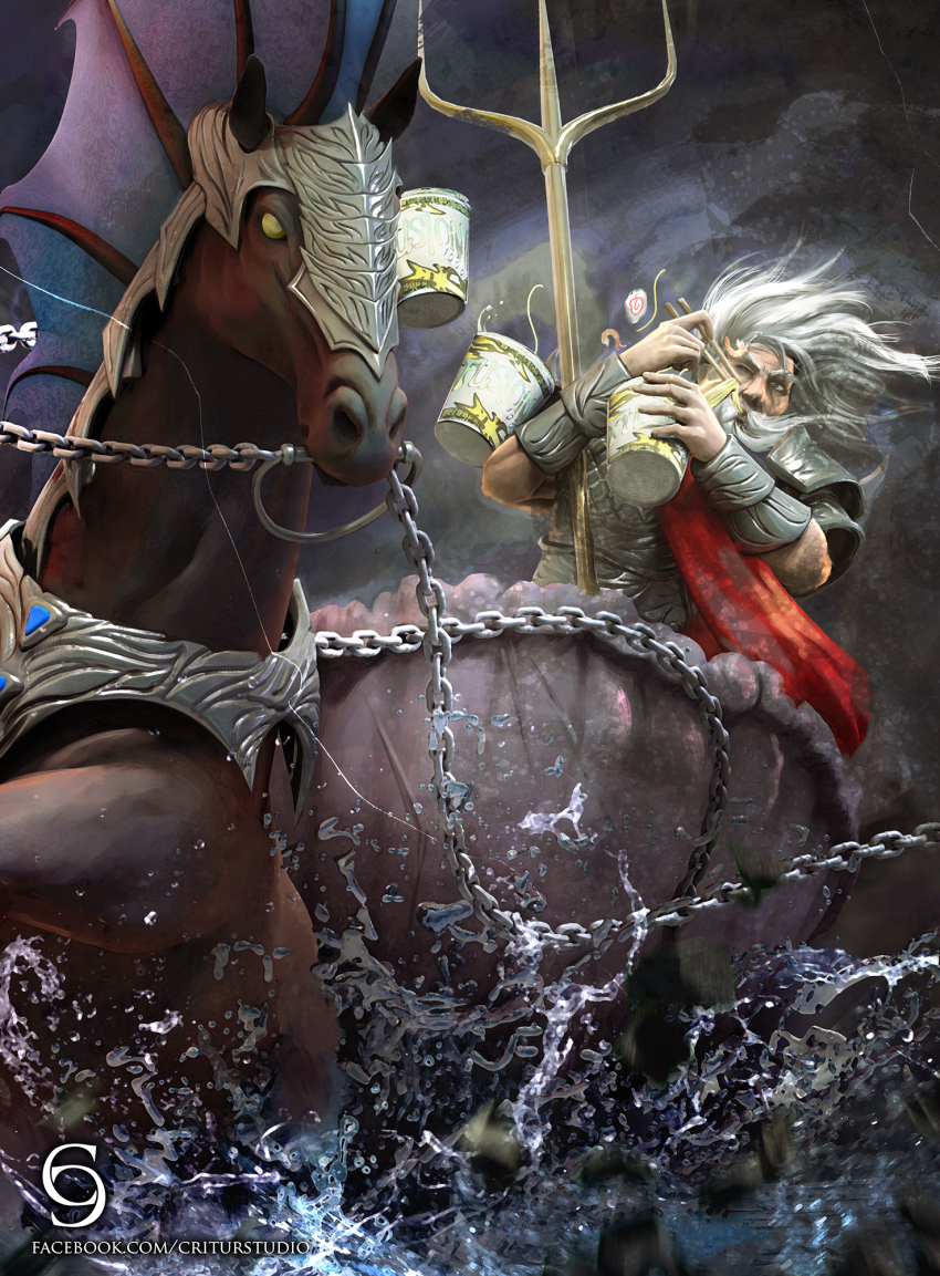 1boy, andybelzark, armor, armored_animal, barding, beard, chain, instant_cup_noodles