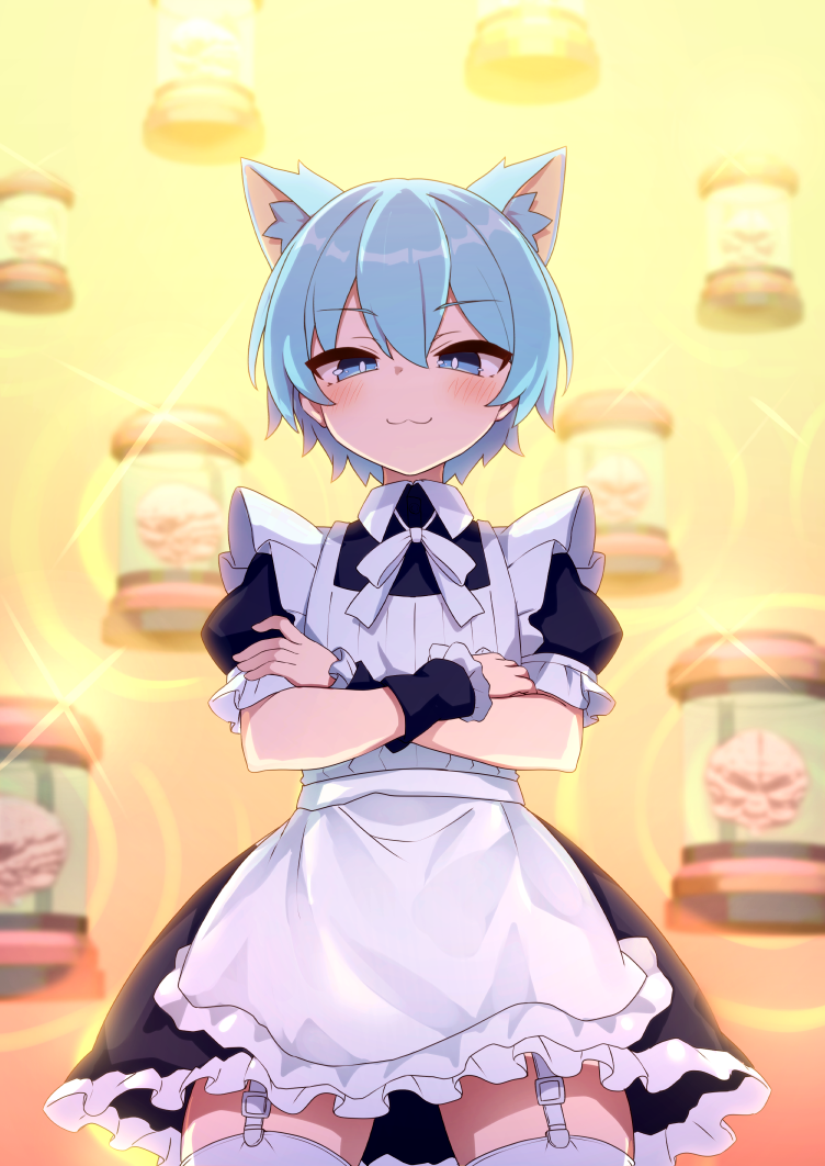 1girl, :3, animal_ear_fluff, animal_ears, apron, blue_eyes, blue_hair, blush