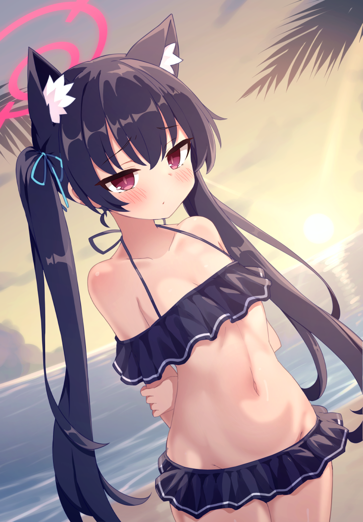 1girl, animal_ear_fluff, animal_ears, arms_behind_back, beach, bikini, black_bikini, black_hair