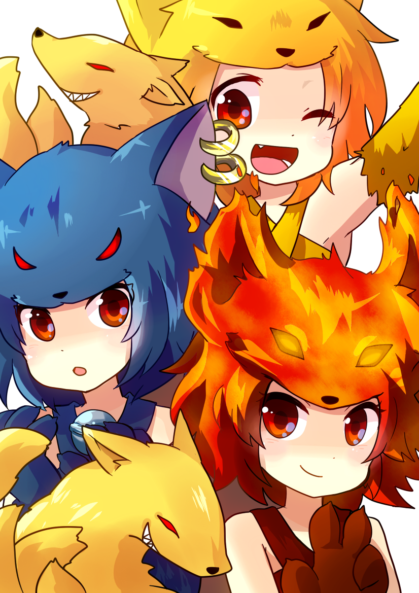 3girls, :o, ;d, animal_hands, animal_hat, arm_up, bare_shoulders, bell