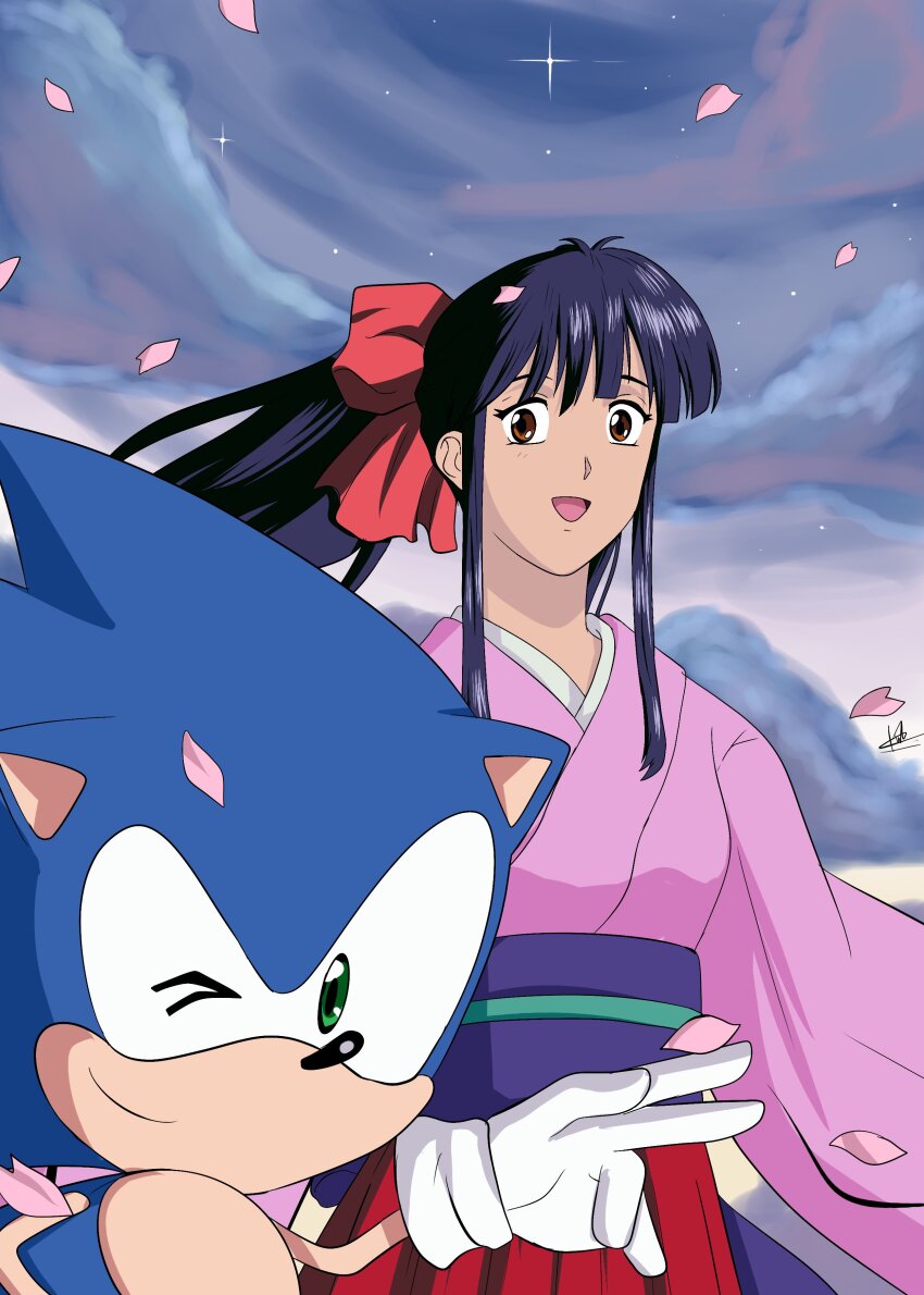 1boy, 1girl, absurdres, blue_hair, breasts, brown_eyes, cherry_blossoms, crossover