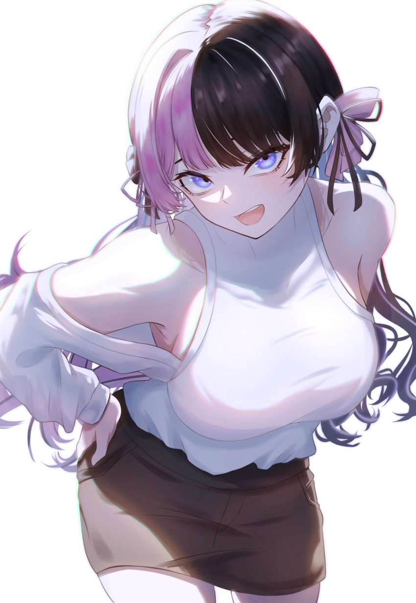 1girl, bent_over, black_bow, black_hair, black_ribbon, black_skirt, blue_eyes, bow