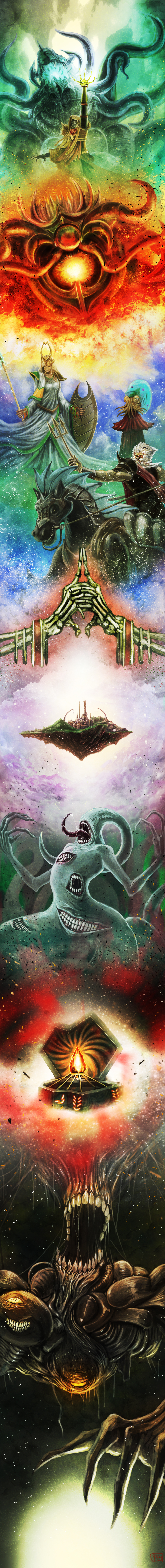 1boy, 1girl, 1other, 949_(king949), absurdres, artist_name, beard, bridle, city, claws, dreamland_(yu-gi-oh!), dress, duel_monster, elder_entity_n'tss, elder_entity_norden, eldritch_abomination, extra_eyes, extra_mouth, facial_hair, fangs, fire, floating_island, forbidden_trapezohedron, gem, highres, horse, kuji-in, long_hair, long_image, long_tongue, mask, monster, old, old_entity_chthugha, old_entity_hastorr, old_man, outer_entity_azathot, outer_entity_nyarla, polearm, riding, robe, saliva, seal_of_the_ancients, servant_of_catabolism, shield, skeletal_arm, spear, tall_image, tentacles, tongue, trident, weapon, white_hair, yu-gi-oh!