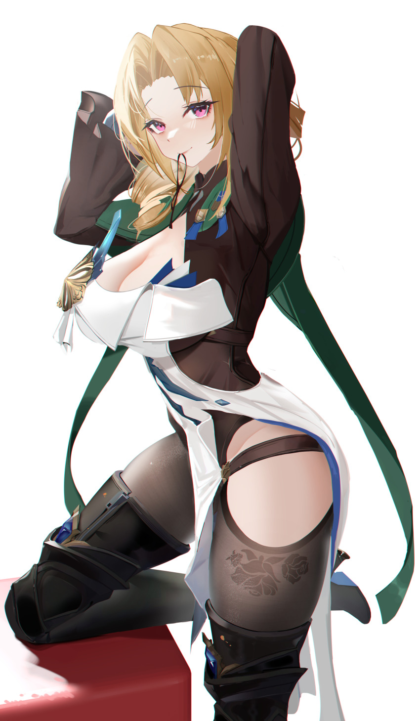 1girl, absurdres, arms_up, black_footwear, black_pantyhose, blonde_hair, blue_eyes, boots