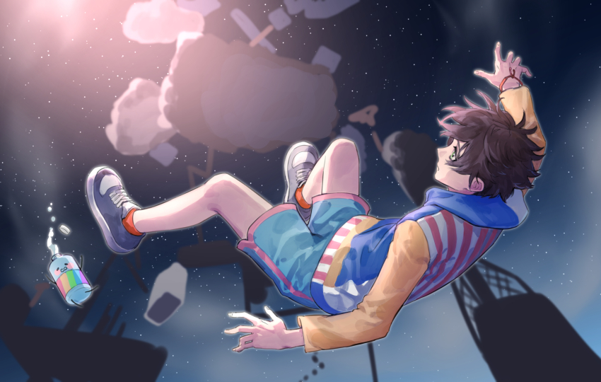 1boy, absurdres, blue_shoes, blue_shorts, brown_eyes, brown_hair, commentary_request, cosplay