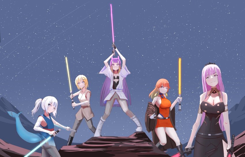 5girls, alternate_costume, angelchama, blonde_hair, cosplay, full_body, gawr_gura, highres, hololive, hololive_english, light_saber, long_hair, looking_at_viewer, miniskirt, mori_calliope, multicolored_hair, multiple_girls, night, ninomae_ina'nis, pants, pink_hair, purple_hair, skirt, sky, standing, star_wars, takanashi_kiara, two-tone_hair, virtual_youtuber, watson_amelia, white_hair