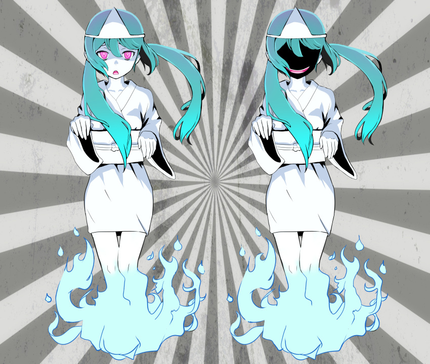 2girls, absurdres, aqua_hair, black_skin, colored_sclera, colored_skin, ghost, grey_sclera