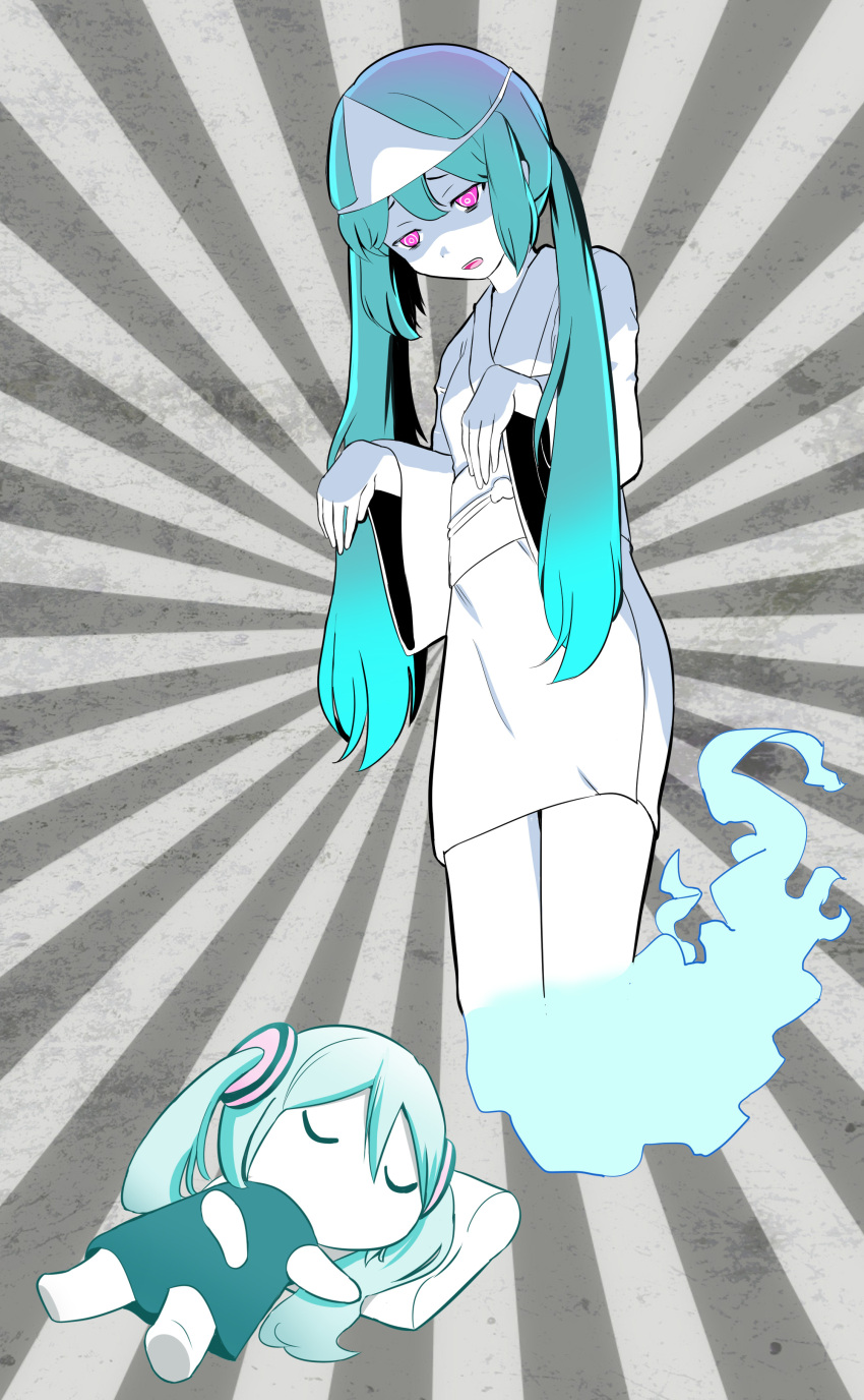 2girls, absurdres, aimaina, aqua_hair, colored_sclera, colored_skin, ghost, grey_sclera
