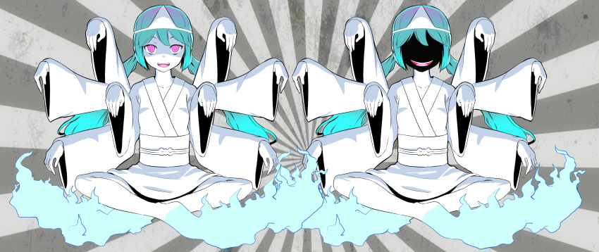 2girls, absurdres, aqua_hair, black_skin, candle, colored_sclera, colored_skin, extra_arms