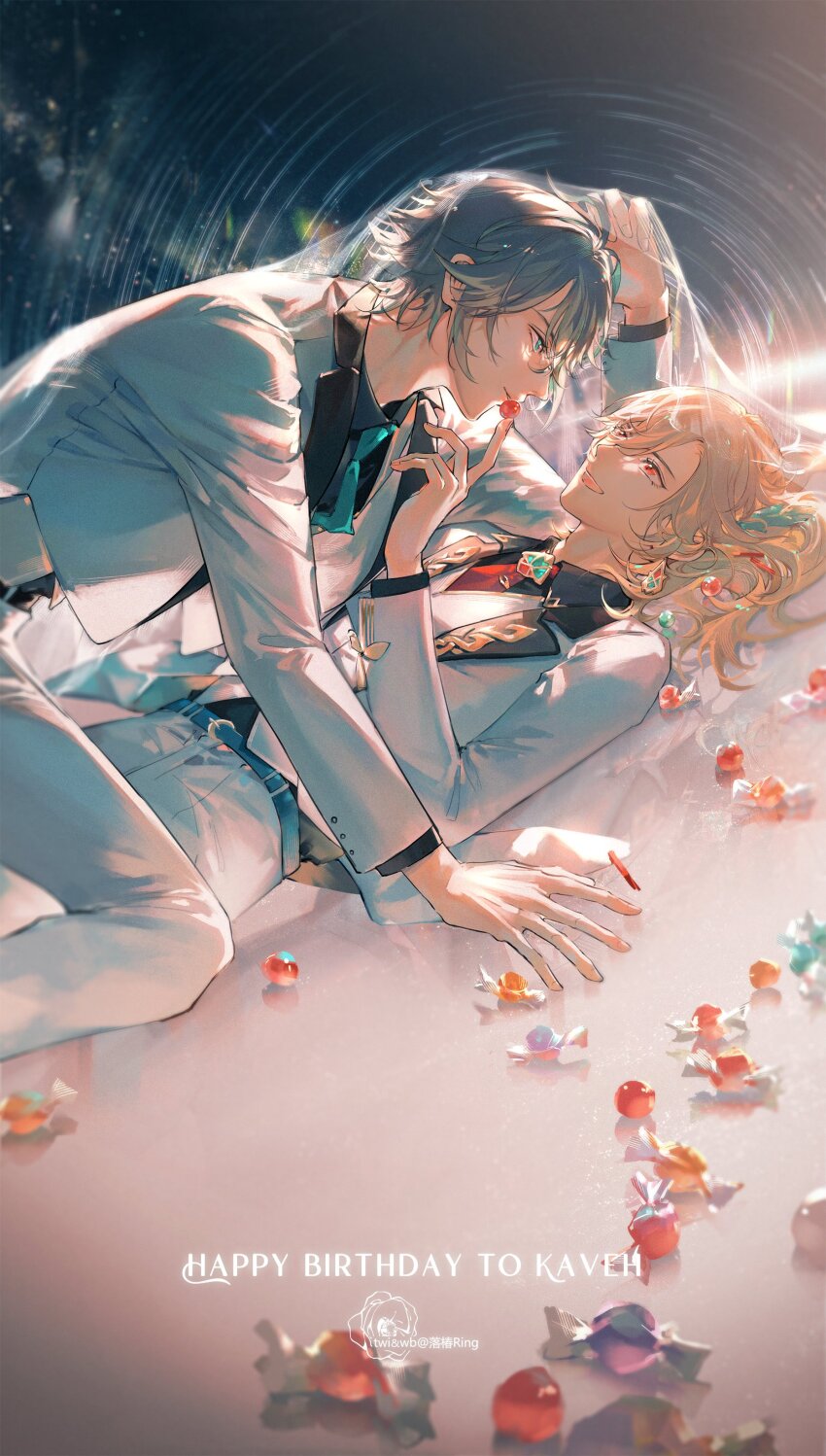 2boys, :d, absurdres, alhaitham_(genshin_impact), all_fours, antenna_hair, artist_name, belt