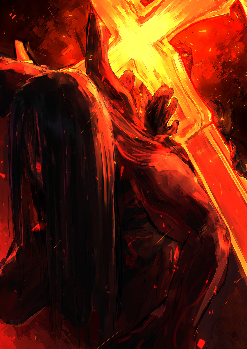 1boy, absurdres, black_background, black_hair, blood_vessels, cinders, cross, dark_skin, extra_arms, fire, flaming_weapon, glowing, glowing_eyes, highres, holding, holding_weapon, library_of_ruina, long_hair, looking_at_viewer, project_moon, red_eyes, soshi_(ihsos), the_vermillion_cross, very_dark_skin, weapon, zombie