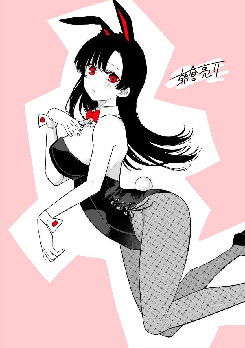 1girl, alternate_costume, animal_ears, asakura_ryousuke, bare_shoulders, black_footwear, black_hair, black_leotard