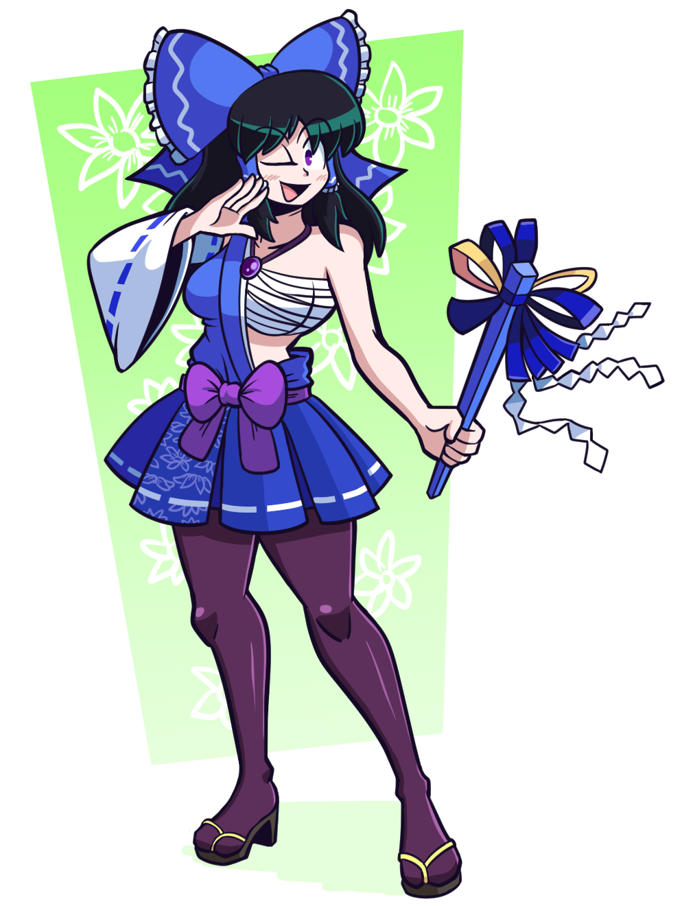 1girl, ;d, black_hair, black_sandals, blue_bow, blue_dress, blue_gohei, blue_kimono, blue_shirt, blue_skirt, bow, breasts, cleavage, commission, commissioner_upload, dress, floral_background, floral_print, gem, gohei, hadanugi_dousa, hair_tubes, hakurei_reimu, happy, high_heel_sandals, high_heels, highres, holding, holding_gohei, japanese_clothes, jewelry, kevin_arthur, kimono, medium_breasts, miko, necklace, one_eye_closed, open_clothes, open_kimono, open_mouth, pantyhose, parted_bangs, purple_eyes, purple_gem, purple_pantyhose, purple_ribbon, purple_sash, ribbon, sandals, sarashi, sash, shirt, simple_background, skirt, smile, solo, standing, thighs, tongue, touhou, wink