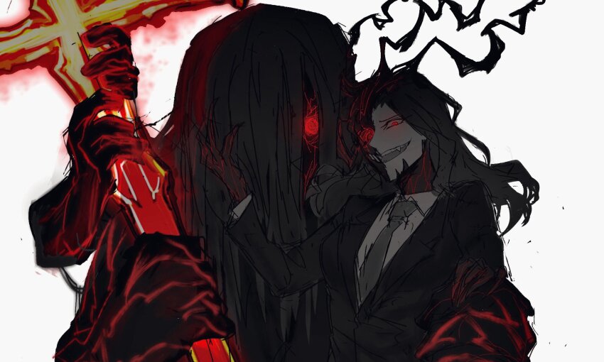 1boy, 1girl, black_hair, blood_vessels, claws, cross, elena_(project_moon), evil_smile