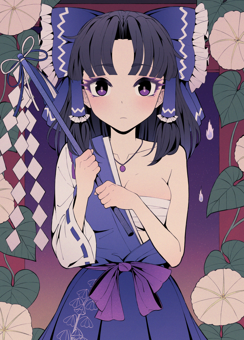 1girl, :l, absurdres, black_hair, blue_bow, blue_gohei, blue_kimono, blue_shirt, blue_skirt, blush, bow, breasts, colored_eyelashes, commission, commissioner_upload, eyebrows_hidden_by_hair, floral_background, floral_print, gem, ghost_flame, gohei, gradient_background, hadanugi_dousa, hair_bow, hair_tubes, hakurei_beimu, hakurei_reimu, highres, holding, holding_gohei, japanese_clothes, jewelry, kimono, medium_breasts, miko, necklace, open_clothes, open_kimono, ouchi040, parted_bangs, purple_eyes, purple_gem, purple_ribbon, purple_sash, ribbon, sarashi, sash, shirt, skirt, touhou
