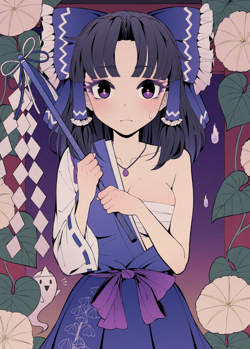 1girl, :>, :l, absurdres, black_hair, blue_bow, blue_gohei, blue_kimono