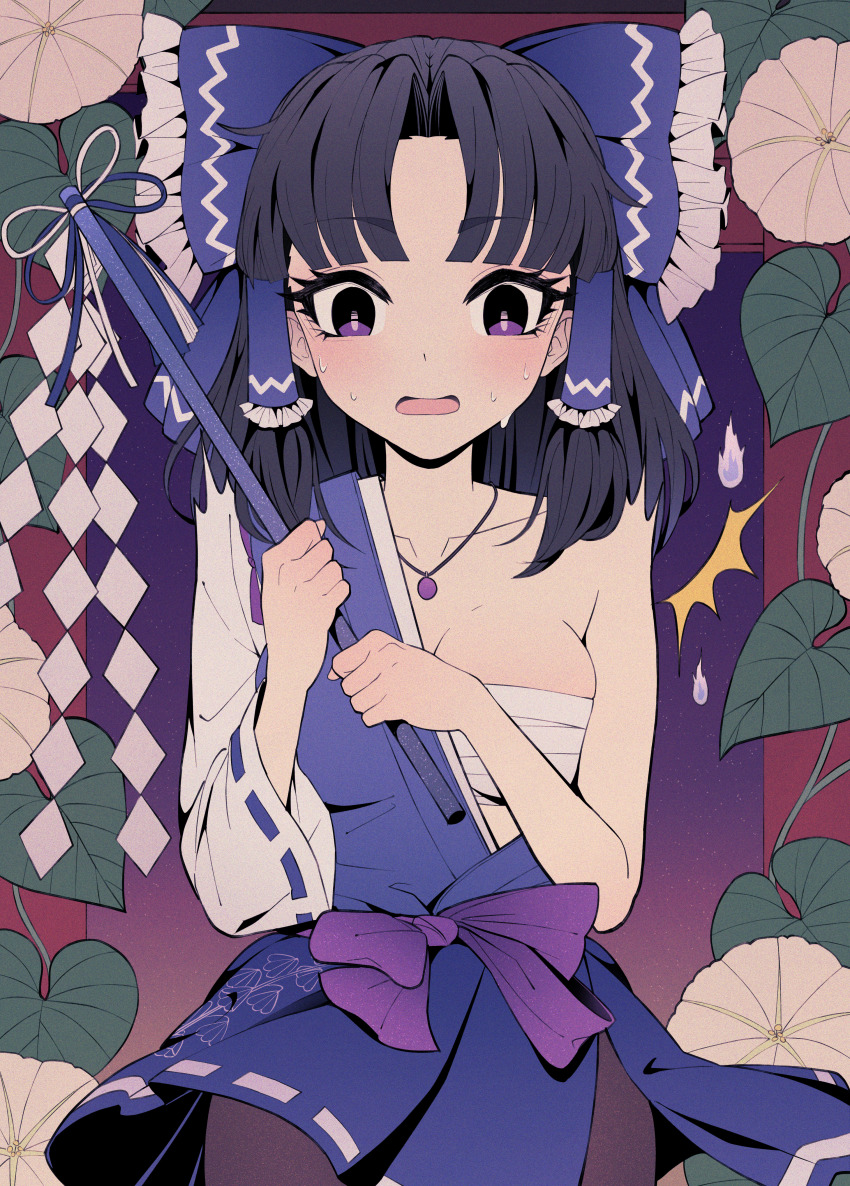 1girl, :o, absurdres, black_hair, blue_bow, blue_gohei, blue_kimono, blue_shirt, blue_skirt, blush, bow, breasts, clothes_lift, commission, commissioner_upload, eyebrows_hidden_by_hair, eyelashes, floral_background, floral_print, gem, ghost_flame, gohei, gradient_background, hadanugi_dousa, hair_bow, hair_tubes, hakurei_beimu, hakurei_reimu, highres, holding, holding_gohei, japanese_clothes, jewelry, kimono, medium_breasts, miko, necklace, open_clothes, open_kimono, ouchi040, pantyhose, parted_bangs, purple_eyes, purple_gem, purple_pantyhose, purple_ribbon, purple_sash, ribbon, sarashi, sash, shirt, side_slit, skirt, skirt_lift, surprised, sweatdrop, touhou, upskirt