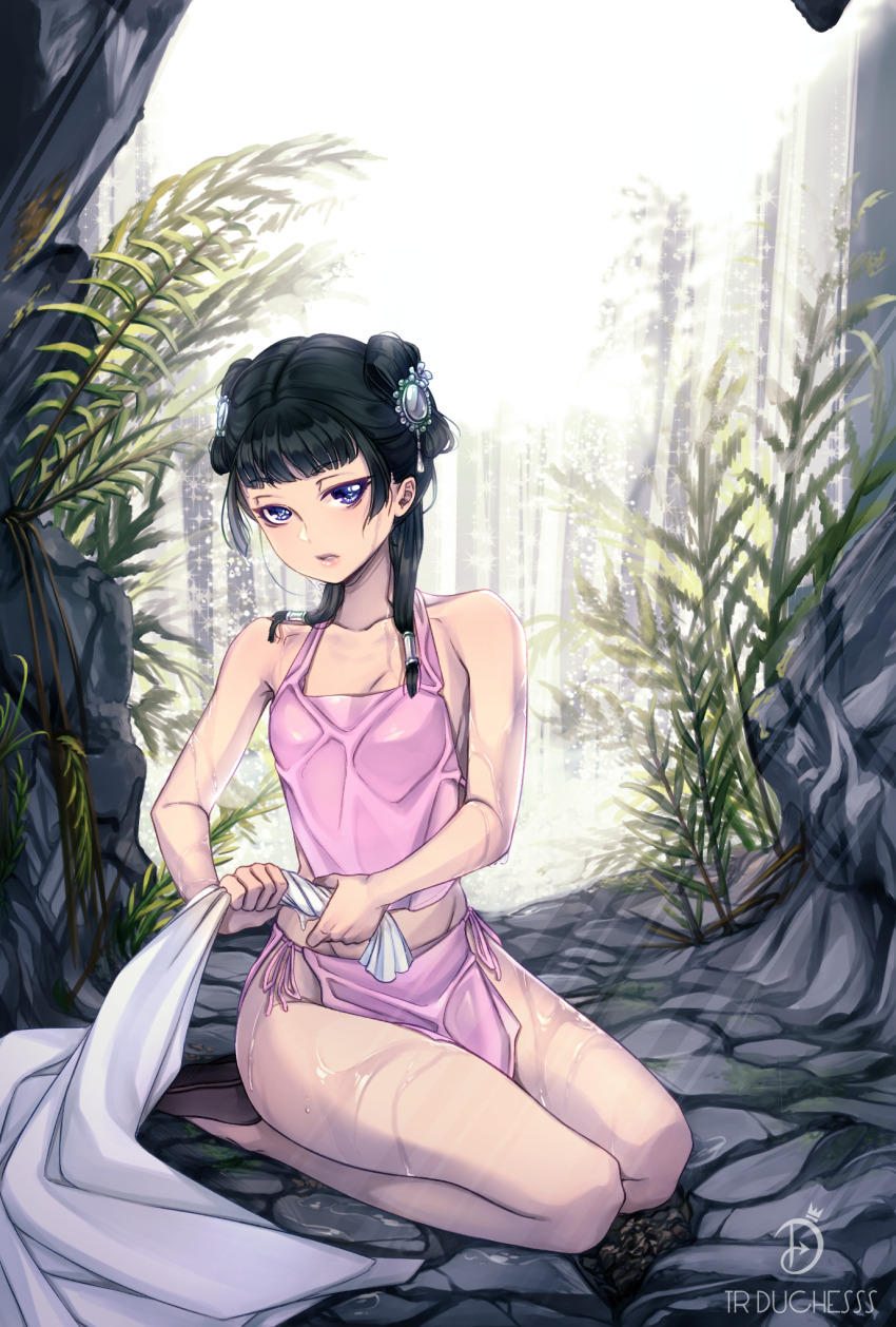1girl, bare_shoulders, black_hair, blunt_bangs, breasts, brown_footwear, chinese_clothes, dudou