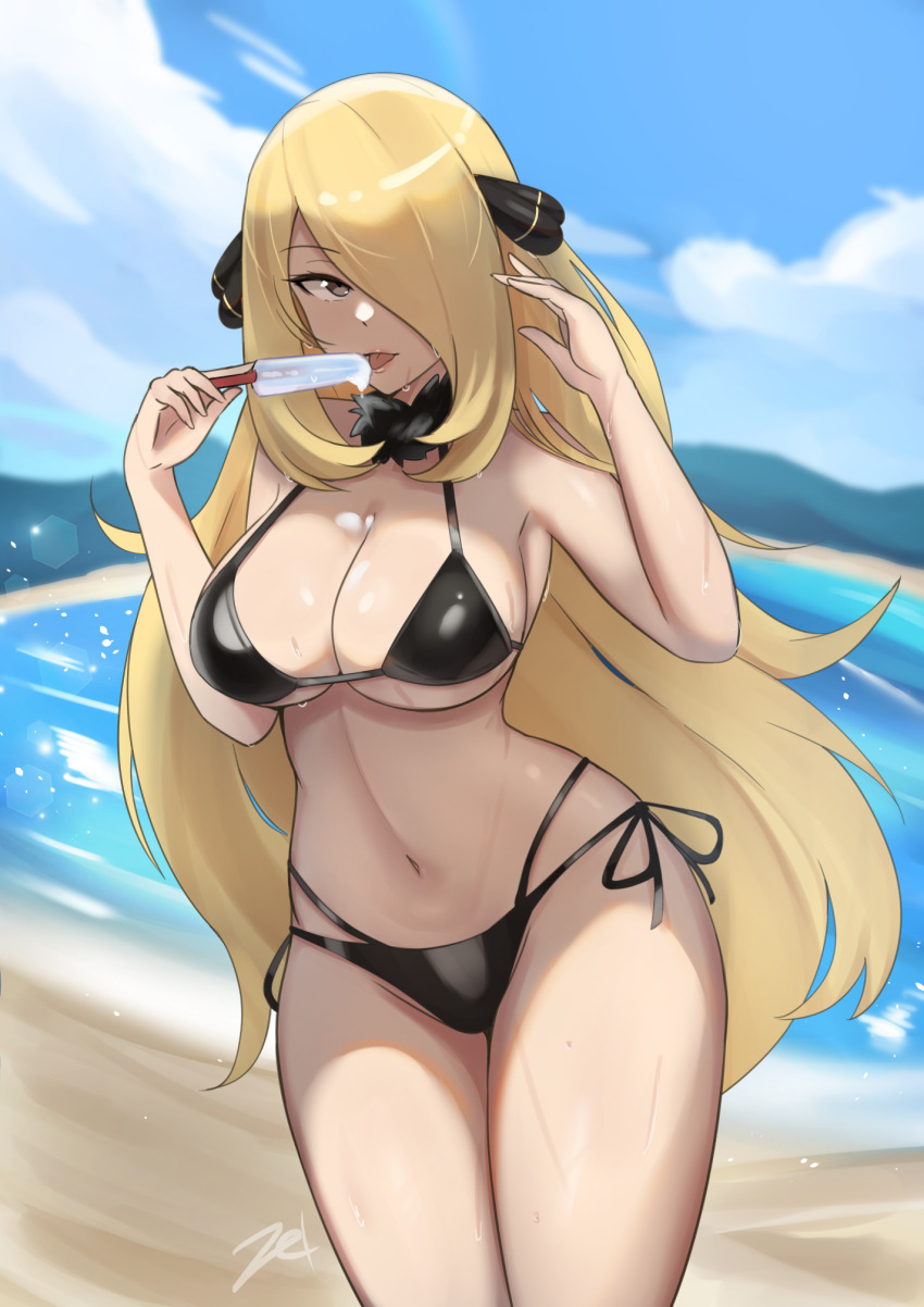 1girl, alternate_costume, artist_name, beach, bikini, black_bikini, black_choker, blonde_hair