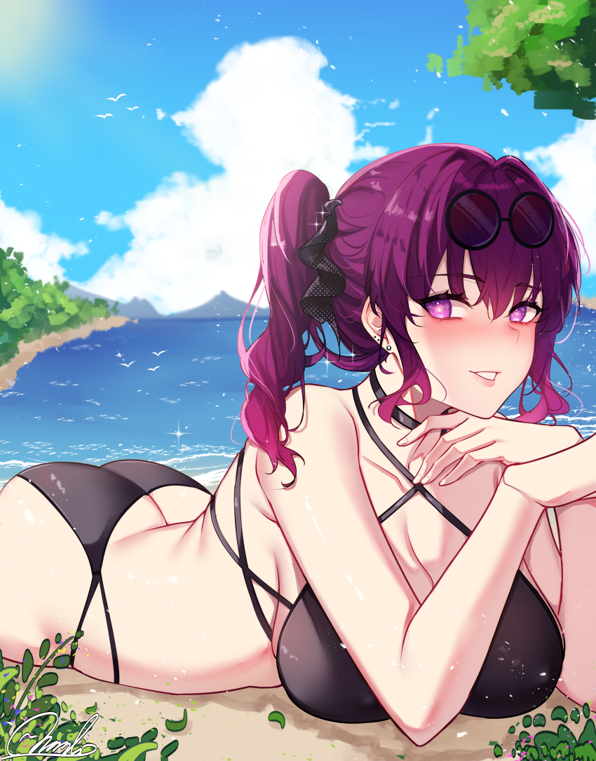 1girl, absurdres, anandaname, ass, bikini, black_bikini, blue_sky, blush