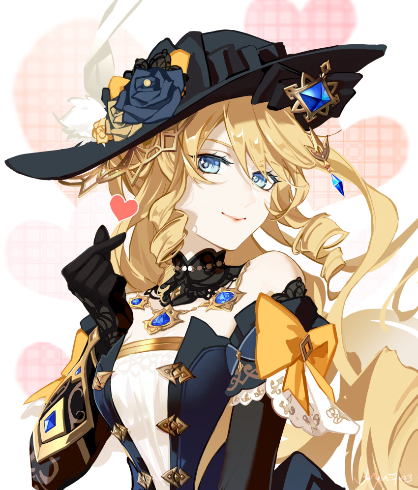 1girl, absurdres, bare_shoulders, black_dress, black_flower, black_gloves, black_hat, blonde_hair