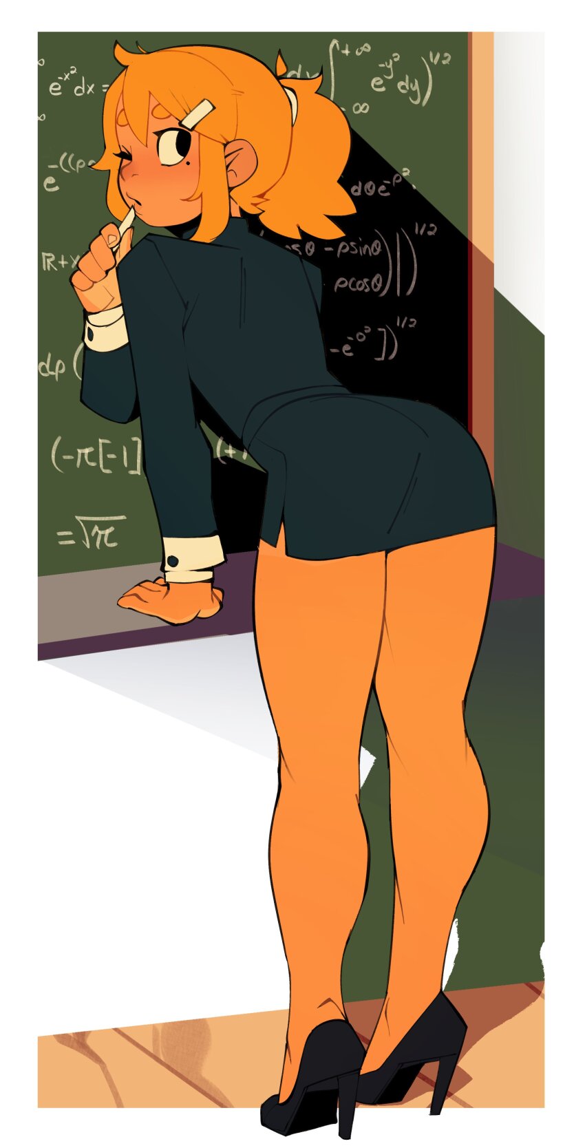 1girl, absurdres, bent_over, black_eyes, black_footwear, boondraws, border, chalk, chalkboard, formal_clothes, hair_ornament, hairclip, high_heels, highres, legs, long_sleeves, looking_back, math, mole, mole_under_eye, one_eye_closed, orange_hair, original, pi_(math), ponytail, sidelocks, solo, suit, thai_(boondraws), white_border