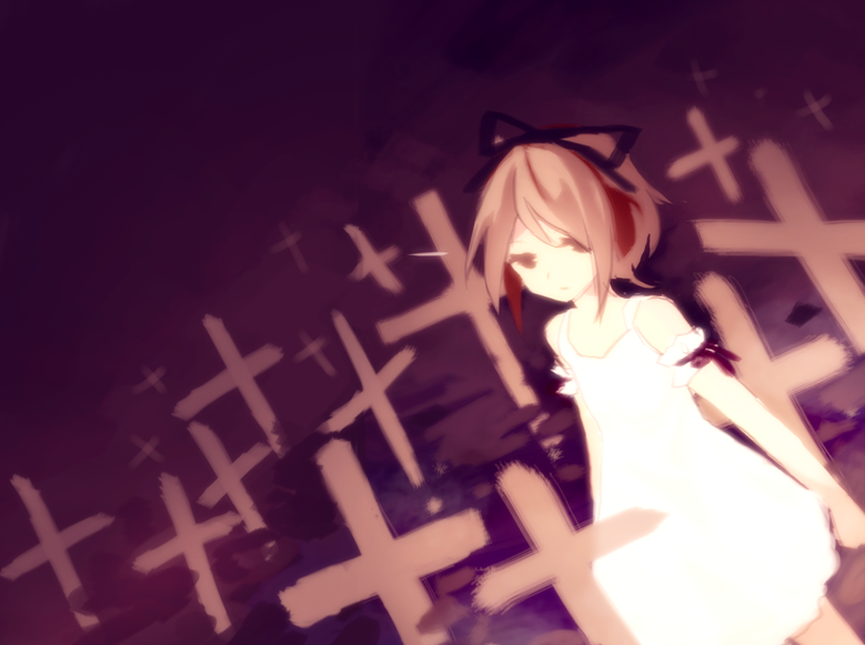 1girl, brown_hair, cross, dress, female_focus, lorelei_dawn, reimei_lorelei, ribbon