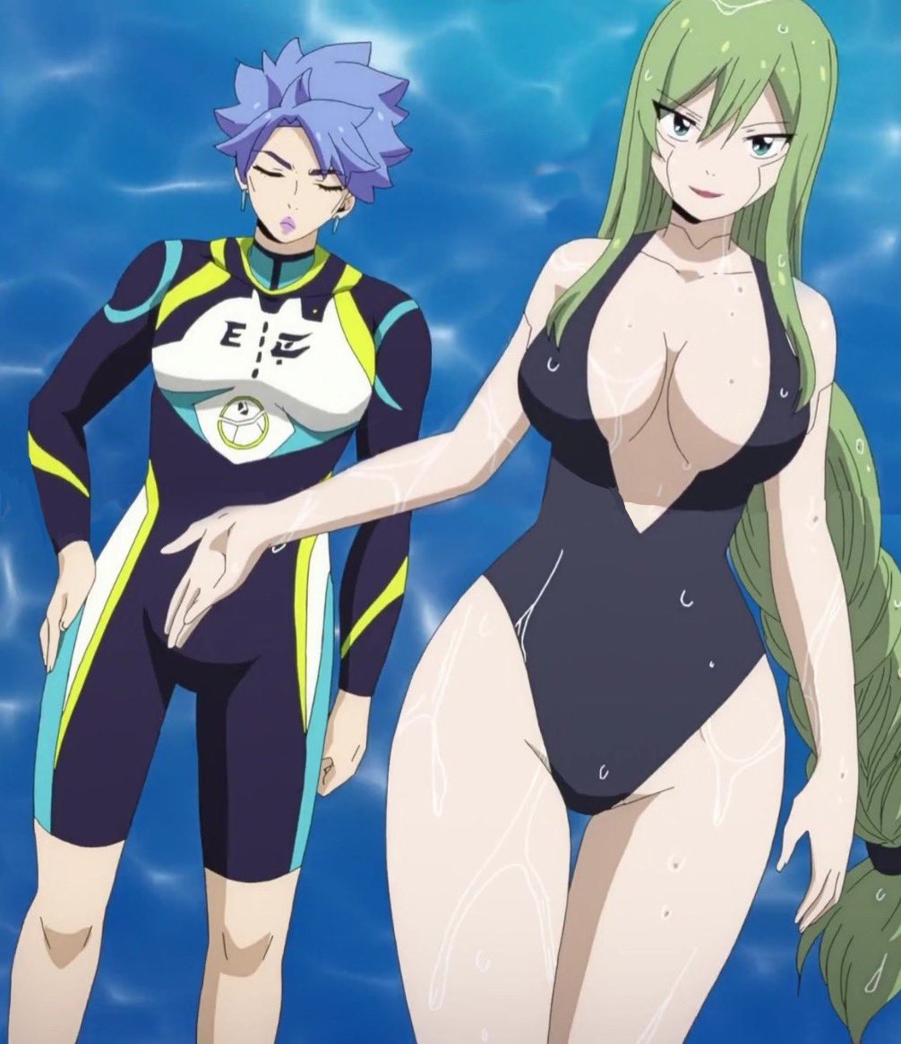 1boy, 1girl, android, breasts, cleavage, eden's_zero, green_eyes, green_hair