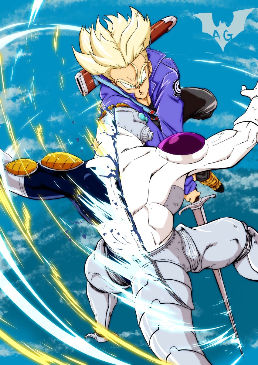 batmandrewart, blonde_hair, cutting, dragon_ball, frieza, green_eyes, highres, serious, super_saiyan, sword, tagme, trunks_(dragon_ball), trunks_(future)_(dragon_ball), weapon
