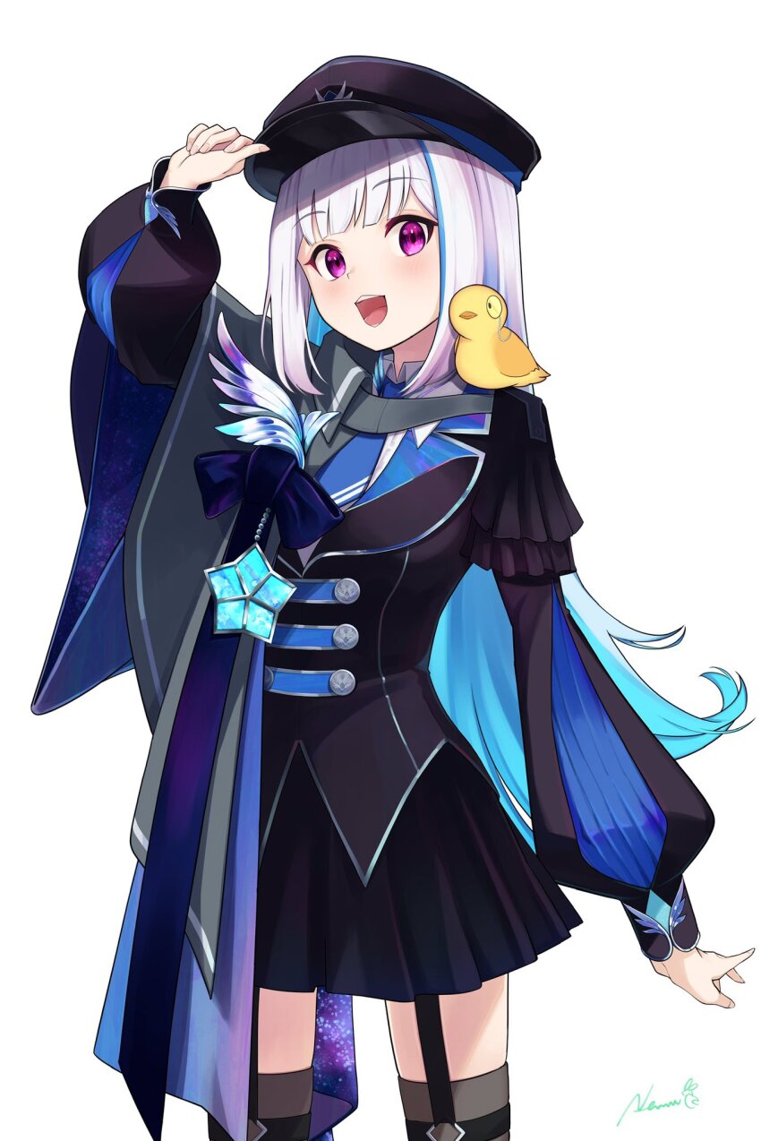 1girl, :d, animal, animal_on_shoulder, baby_animal, bird, bird_on_shoulder, black_coat