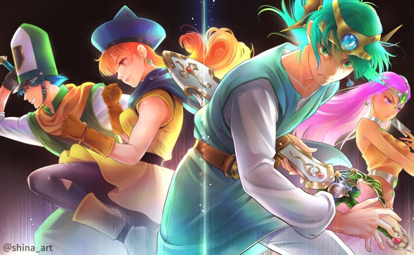 2boys, 2girls, alena_(dq4), bare_shoulders, belt, blue_cape, blue_eyes, blue_gem