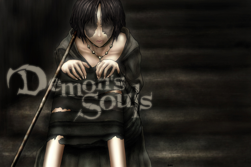 1girl, black_hair, choker, demon's_souls, dress, female_focus, fromsoftware, jewelry