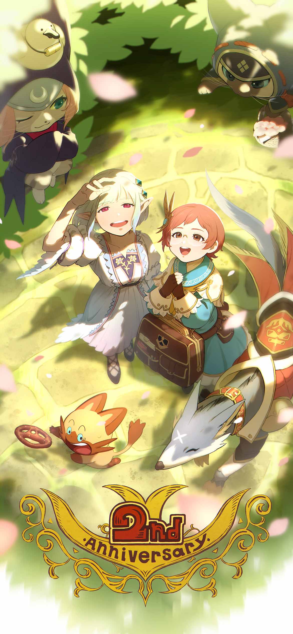 2boys, 3girls, absurdres, anniversary, canyne, chichae_(monster_hunter), commentary, dress