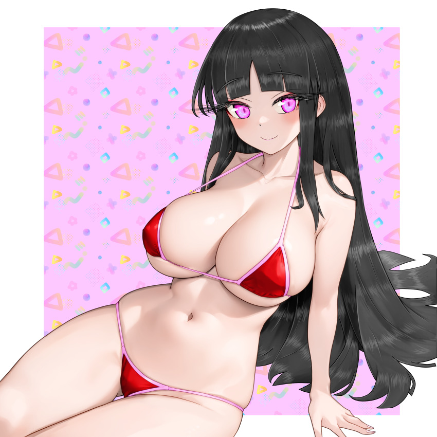1girl, absurdres, arm_support, bare_arms, bare_shoulders, bikini, black_hair, blunt_bangs, blush, breasts, cleavage, collarbone, commentary_request, curvy, eyelashes, gluteal_fold, highres, houraisan_kaguya, large_breasts, long_eyelashes, long_hair, looking_at_viewer, navel, pink_background, pink_eyes, red_bikini, simple_background, sitting, skindentation, smile, solo, star_(symbol), sugar_you, swimsuit, thigh_gap, touhou, very_long_hair, wide_hips, yokozuwari