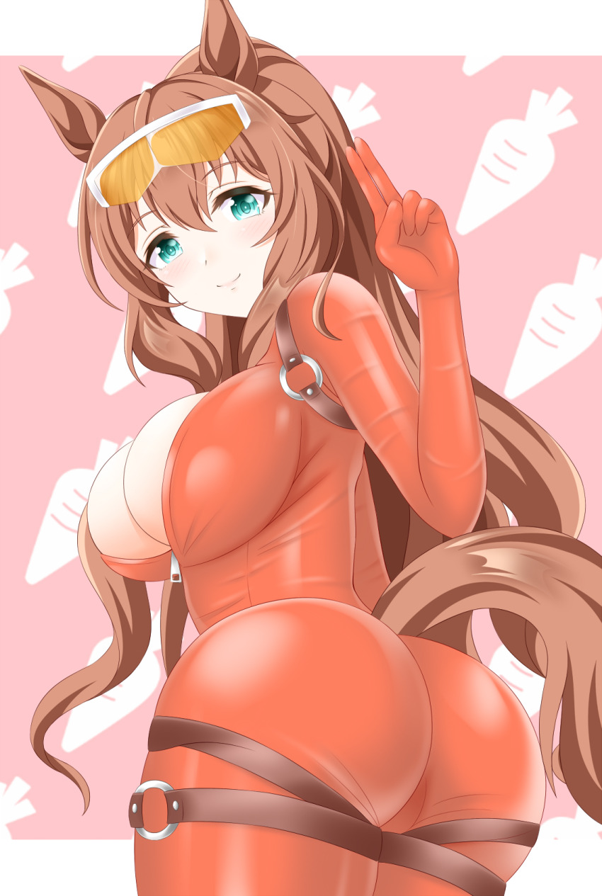 1girl, alternate_costume, animal_ears, ass, biker_clothes, bikesuit, blue_eyes, bodysuit