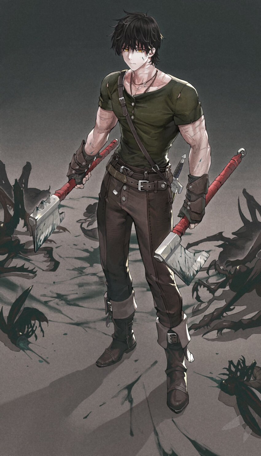 1boy, animal, axe, belt, blood, blood_on_face, blood_splatter, bloody_weapon